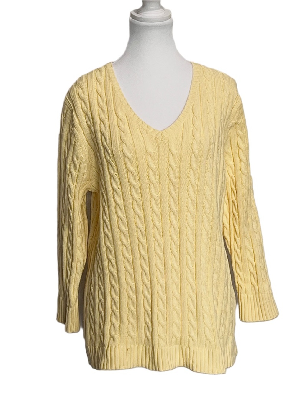 L.L. Bean  Cable Knit V-Neck Sweater L | Light Yellow/100% Cotton | EUC | Preppy